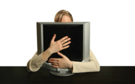 woman hugging computer picture